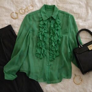 Emerald Green Ruffle Front Sheer Blouse Romantic Statement Top M